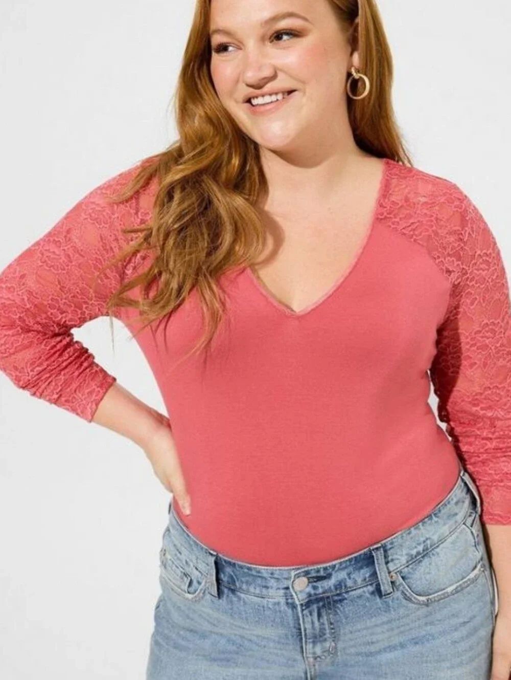 Torrid Holly Berry Lace Sleeve V-Neck Top - New